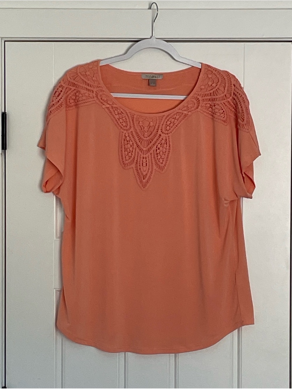 Roz & Ali Size Large Womens Peach Crochet Knit Short Sleeve Blouse Boho Chic